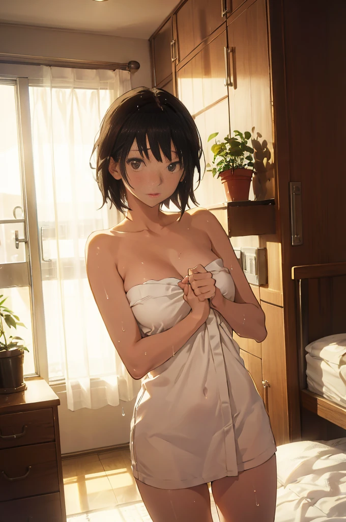 masterpiece, Best Quality, (Attractive woman), 2, Short Hair, Straight Hair, Wet bangs, Model, Large Breasts, Brown eyes, Naked Towel:1.8, Random Pause, Casual love hotel bedroom