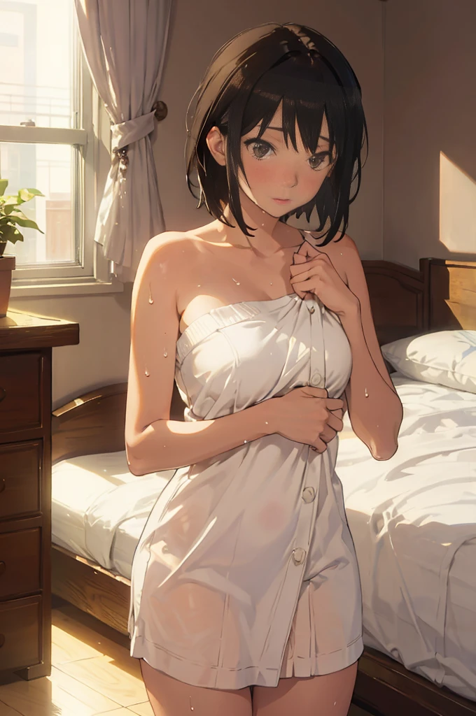 masterpiece, Best Quality, (Attractive woman), 2, Short Hair, Straight Hair, Wet bangs, Model, Large Breasts, Brown eyes, Naked Towel:1.8, Random Pause, Casual love hotel bedroom