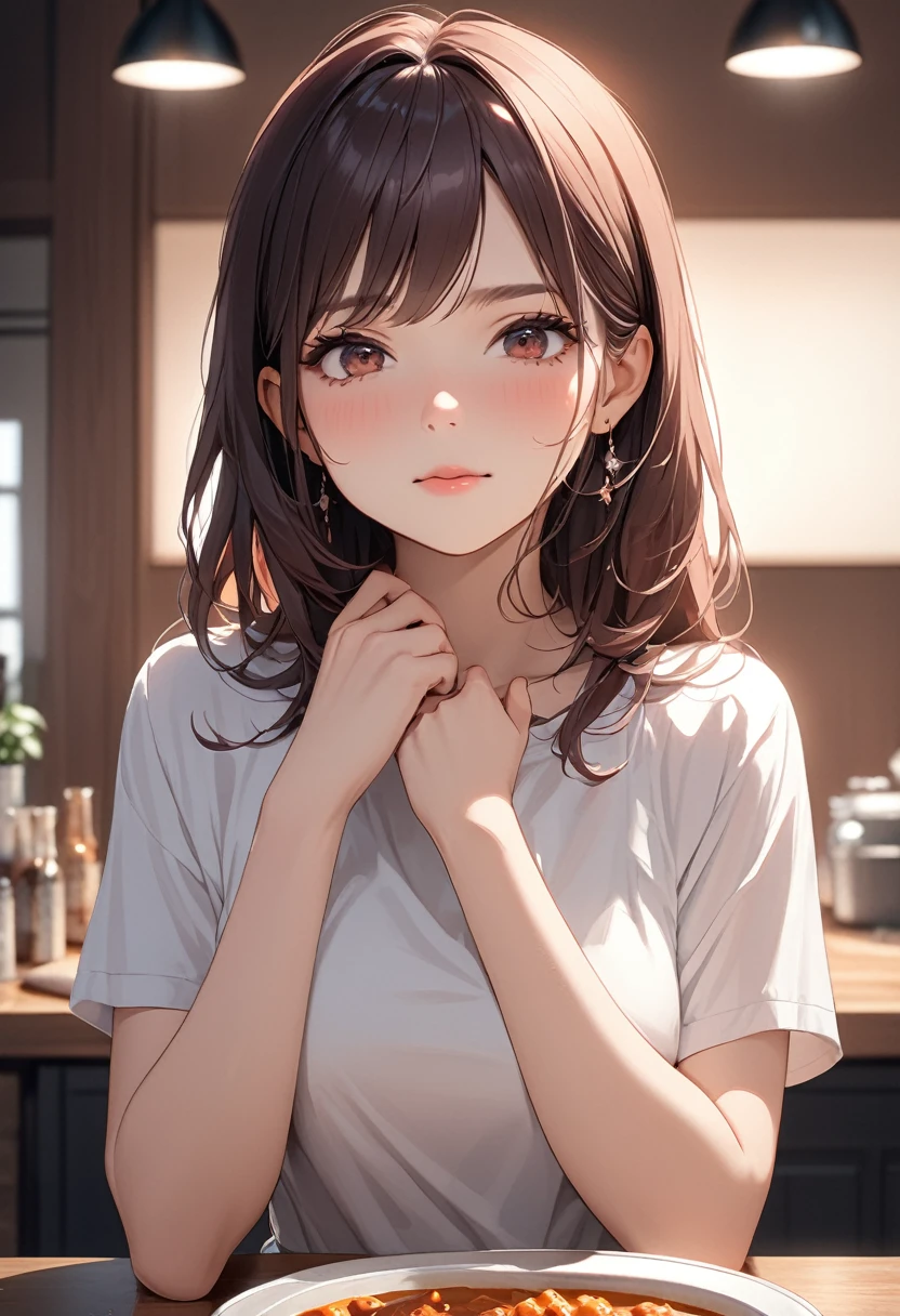 girl, solo, breasts, looking_at_viewer, smile, open_mouth, bangs, large_breasts, brown_hair, holding, brown_eyes, nipples, upper_body, nude, food, teeth, indoors, black_eyes, cup, table, plate, bowl, chopsticks, pov_across_table, ryokan, BREAK 2D, 8k, highres, masterpiece, super fine illustration, photo background, insanely detailed, blurry background, depth of field, natural light, soft lighting, perfect fingers, nice hands, perfect hands, good,bukkake, semen, (cum on body:1.9, cum on hair:1.9. cum on face:1.9, cum on mouths:1.3,cum on table 1.9),multiple boys, peeing on a girl, facial, cum on mouth, cum on body, multiple penises, gangbang,holding penis))),ecstasy torogao, saliva trail, nose blush,smile,peace sign:1.5