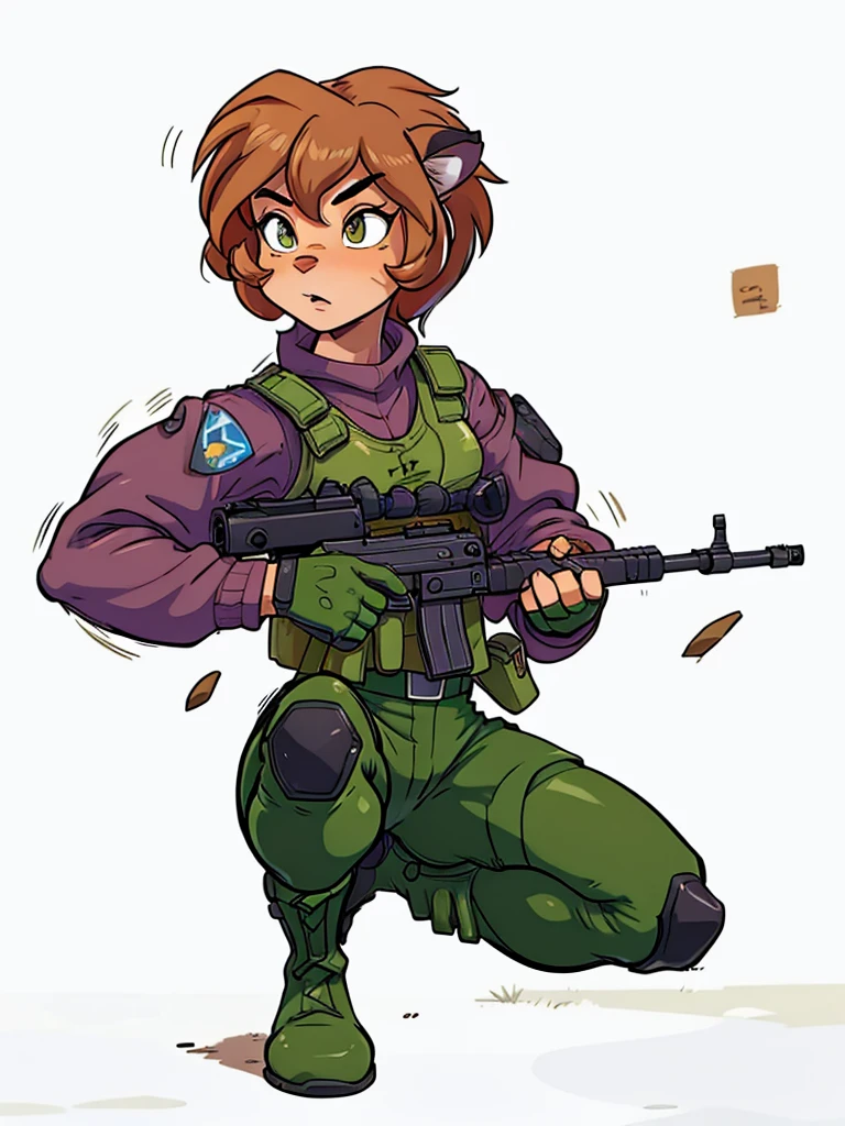  anthro tiger girl brown hair with a host, with a purple sweater, bulletproof vest, camouflage pants, army boots  
holding a rifle, female fursona, furaffinity commission, of a mercenary girl in war, valkyrie style 