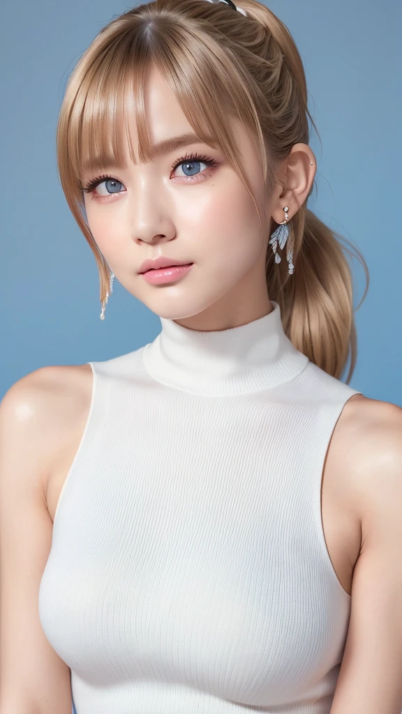 ((Highest quality)), ((masterpiece)), (High-definition photos), (upper ponytail), (Blonde), (bangs),  (beautiful girl:1.3), False eyelashes, (earrings), white sleeveless turtleneck dress with a ribbed knit texture and a bodycon fit, (large breasts), covered nipples,  (white skin), head tilt, (Blushed:1.3), (face:1.4), from side, wetty lips, Thin eyebrows、(Blue eyes)
