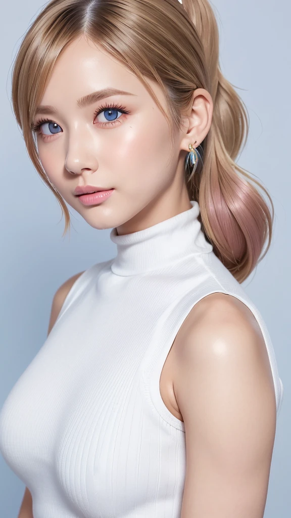 ((Highest quality)), ((masterpiece)), (High-definition photos), (upper ponytail), (Blonde), (bangs),  (beautiful girl:1.3), False eyelashes, (earrings), white sleeveless turtleneck dress with a ribbed knit texture and a bodycon fit, (large breasts), covered nipples,  (white skin), head tilt, (Blushed:1.3), (face:1.4), from side, wetty lips, Thin eyebrows、(Blue eyes)
