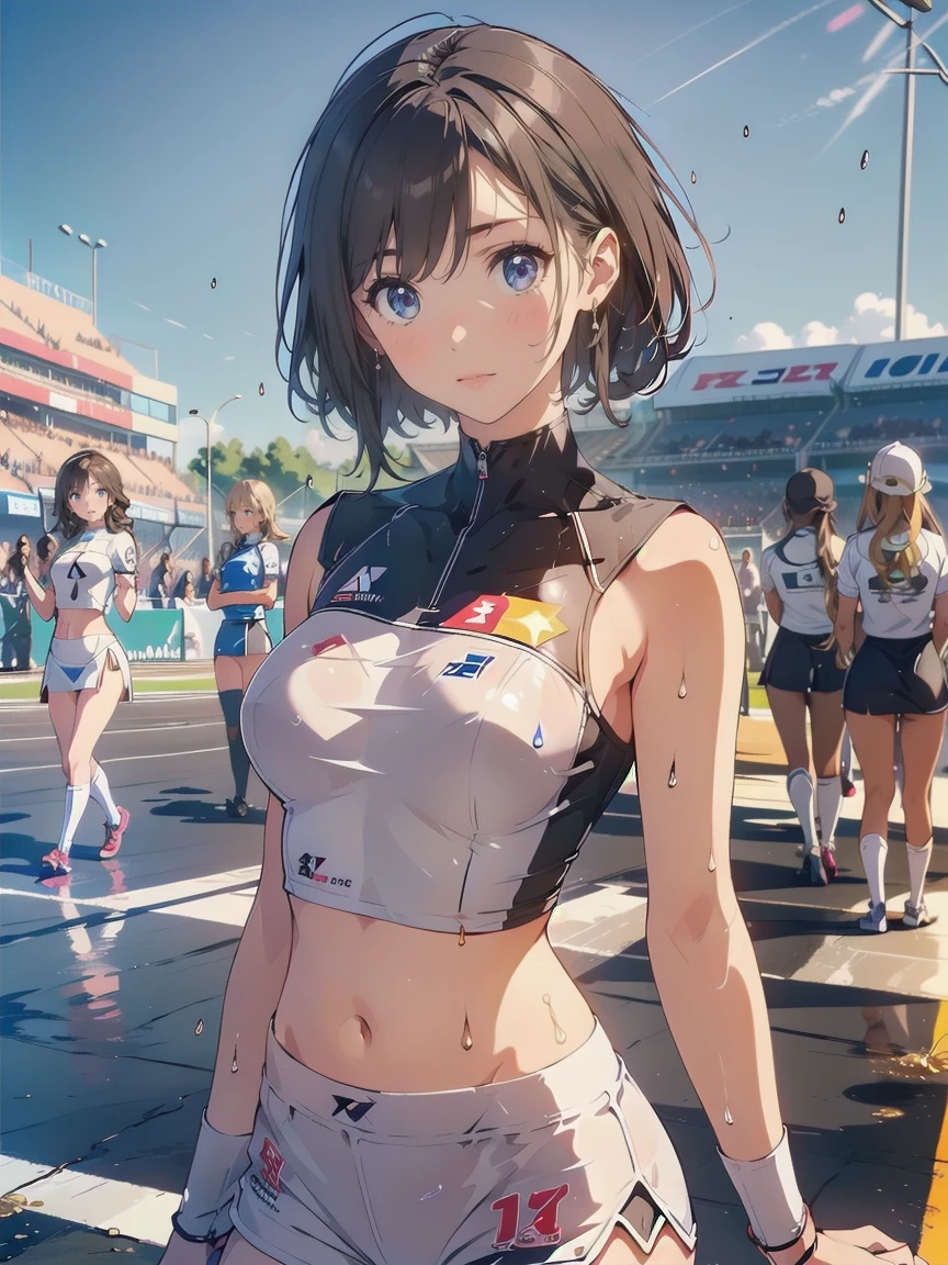 (Race Queen,Grid Girls:1.5),Crop top,White Micro Shorts,standing:1.3、Black Hair:1.5、short hair:1.5,Twin tails:1.5、(((Wet))), (((leaking one&#39;s urine))), (((Peeing on your own))), (Pee running down my legs), Pee stains, (puddle),、Slim body、Very flat chest:1.5、thin、 Focused gaze))),(((Beautifully detailed depiction of eyes)))、Pink small nipples:1.5、topless:1.5、nude:1.5、