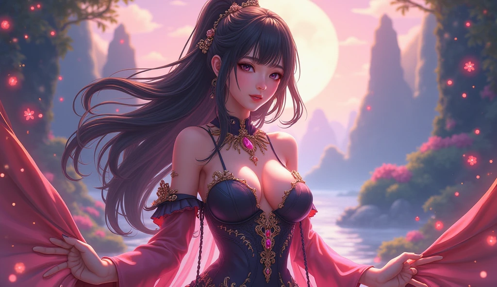 masterpiece, concept art, close up shot, ahri \(league of legends\), Kebaya, cute, (portrait), standing, Bali temple background, epic composition, epic proportion, HD