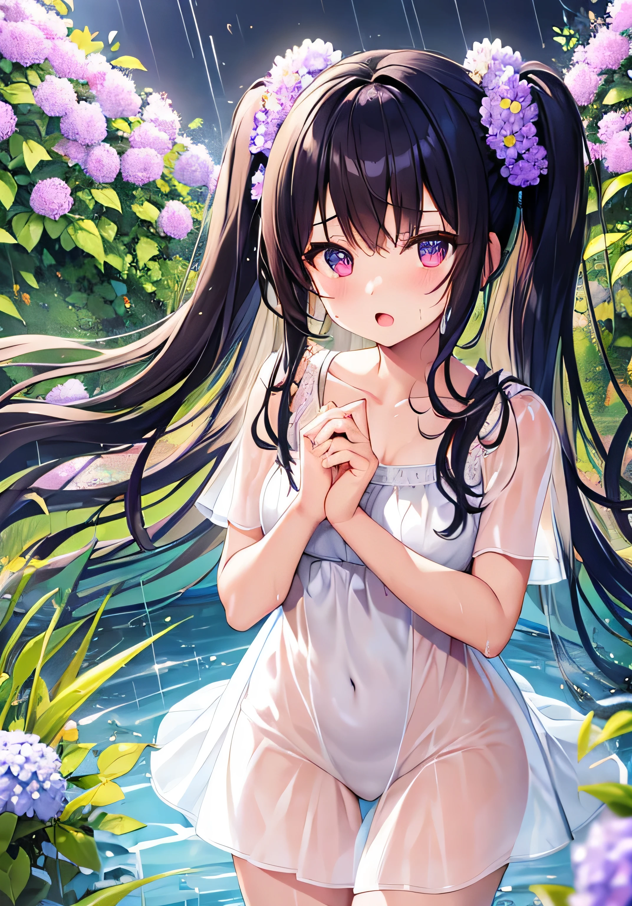 ((masterpiece, highest quality)), 1 girl, mermaid, pink wavy long hair, purple eyes, open mouth, smiling, happy, cute, shining crystal earrings, rainbow colors, underwater, bubbles, sunlight streaming in