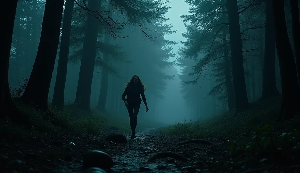 Dark forest at night. actress: A young Anna Paquin runs naked through a dark forest. 