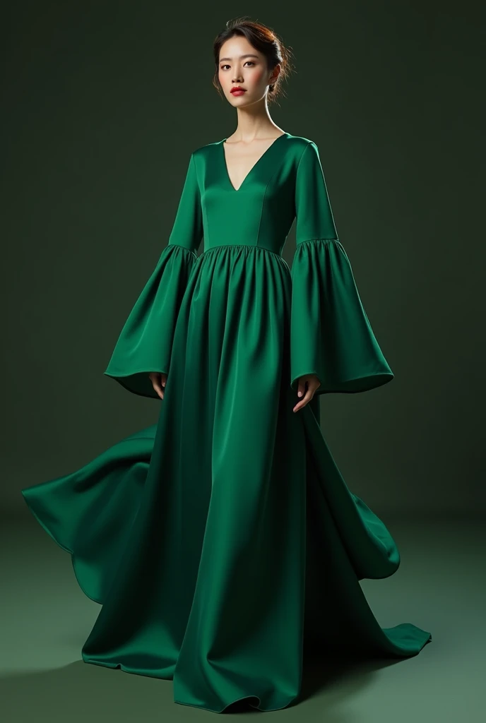 Long green silk algae draped over the shoulders, bright face, three-dimensional facial features, a pair of watery peach blossom eyes looking forward to shining, under the professional suit, the mature body is bumpy and convex, a coffee-colored dress outlines the curve of the hips, delicate white calves, slender ankles, black high heels.