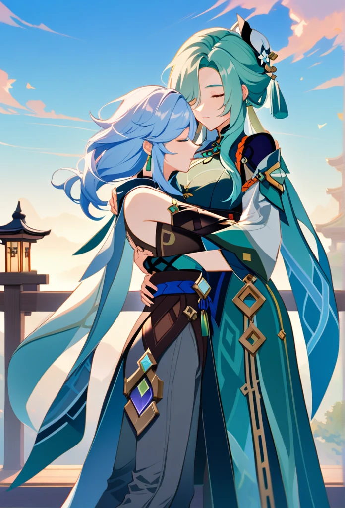 Baizhu from genshin impact and Shenhe from genshin impact hugging each other so romantic 