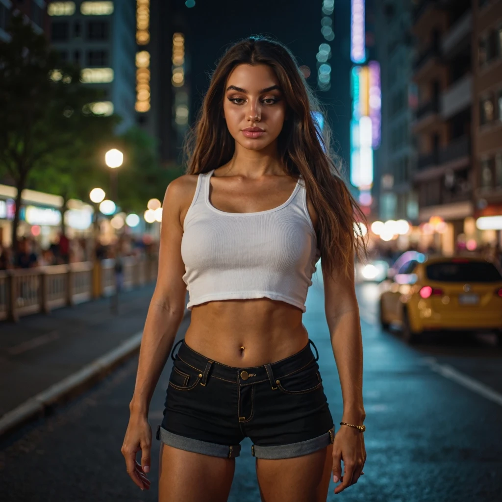 Create a Beautifully exposed sexy photograph of Jenna Ortega. About 23 years old. Standing in from of camera. Behind there should be a city center. Girl wears only top less, sheer silk, transparent lace. Background is blurry.