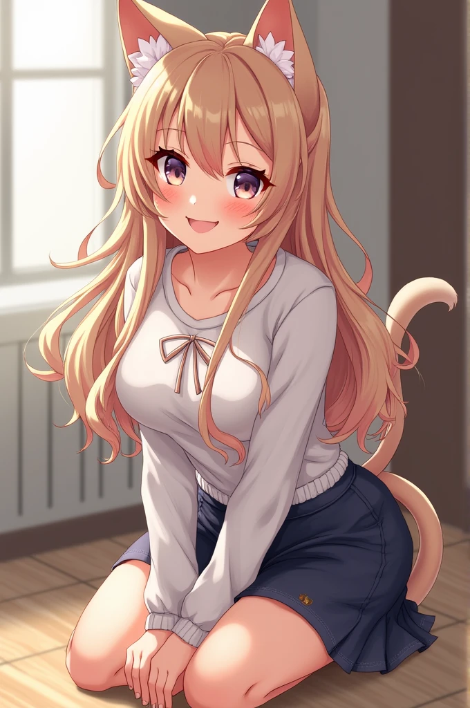 Anime girl with cat ears and pink skirt posing for a photo, she has dark gray hair with long braids, dwarf girl, bottom view, blushed, no panties, I see your pussy, sitting on the wooden floor next to the wall, spread her legs, squats, creampie, small pussy, close-up, spreads pussy with his hand, her pussy is wet, She's pleased, liquid pours out of pussy