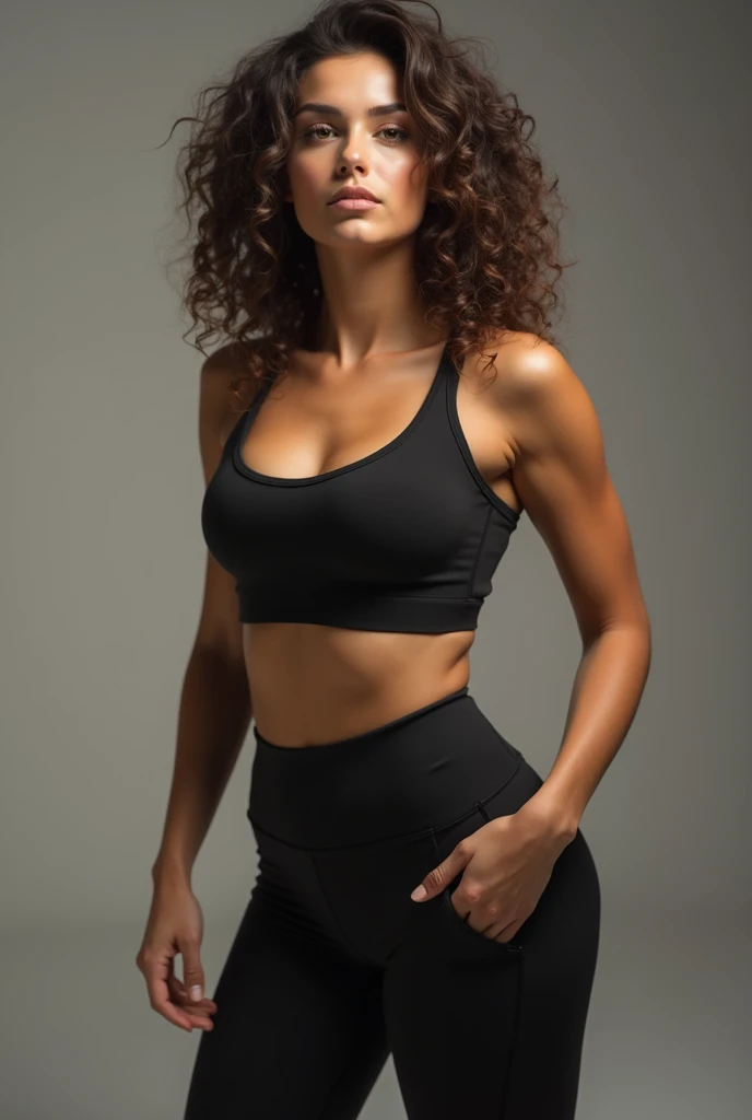 48 year-old woman, tan, curly hair, athletic, leggings showing ass