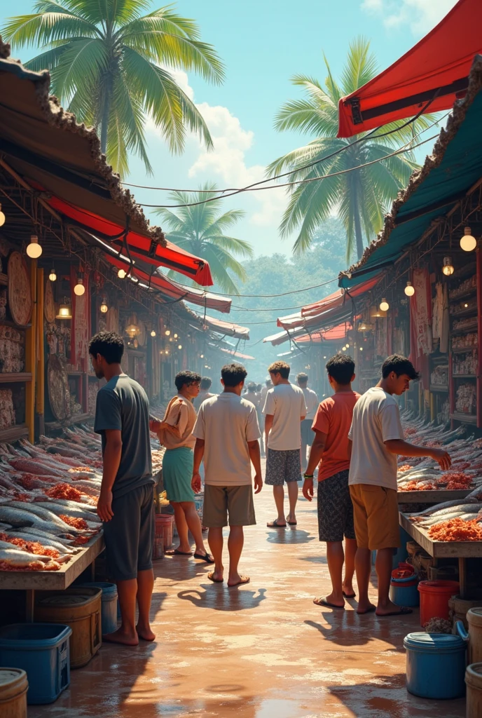 A scene from the local market in Tumaco, full of life, with fishermen offering their fresh merchandise. However, in a corner, a person collapses, showing obvious signs of illness: pale skin and red eyes