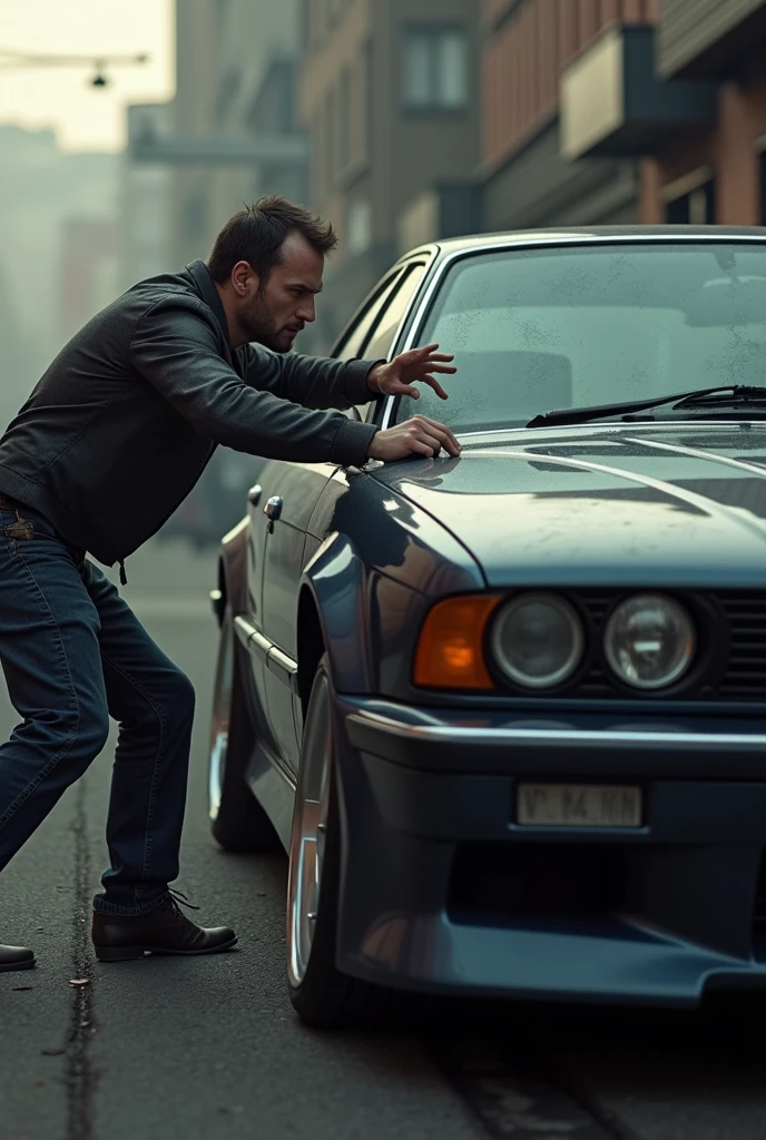 A car is lying on top of a man and the man is down and asking for help