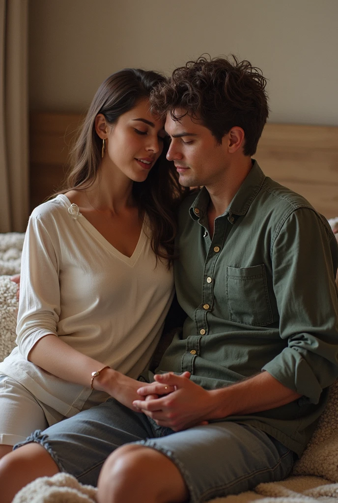 the girl is smiling with her boyfriend. The boyfriend is a beautiful man 25 years old