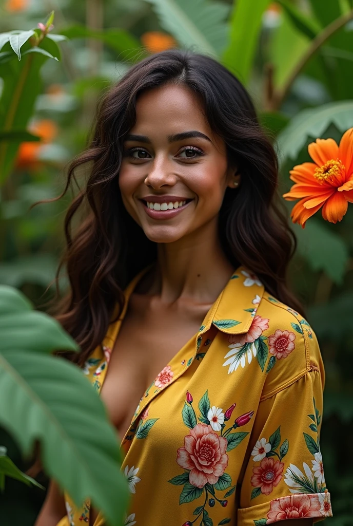 A Brazilian woman in a lush tropical garden, wearing an open shirt with a floral print, with a close-up capturing the harmonious beauty between her breasts and the natural flowers, showing off your natural charm and outgoing personality.