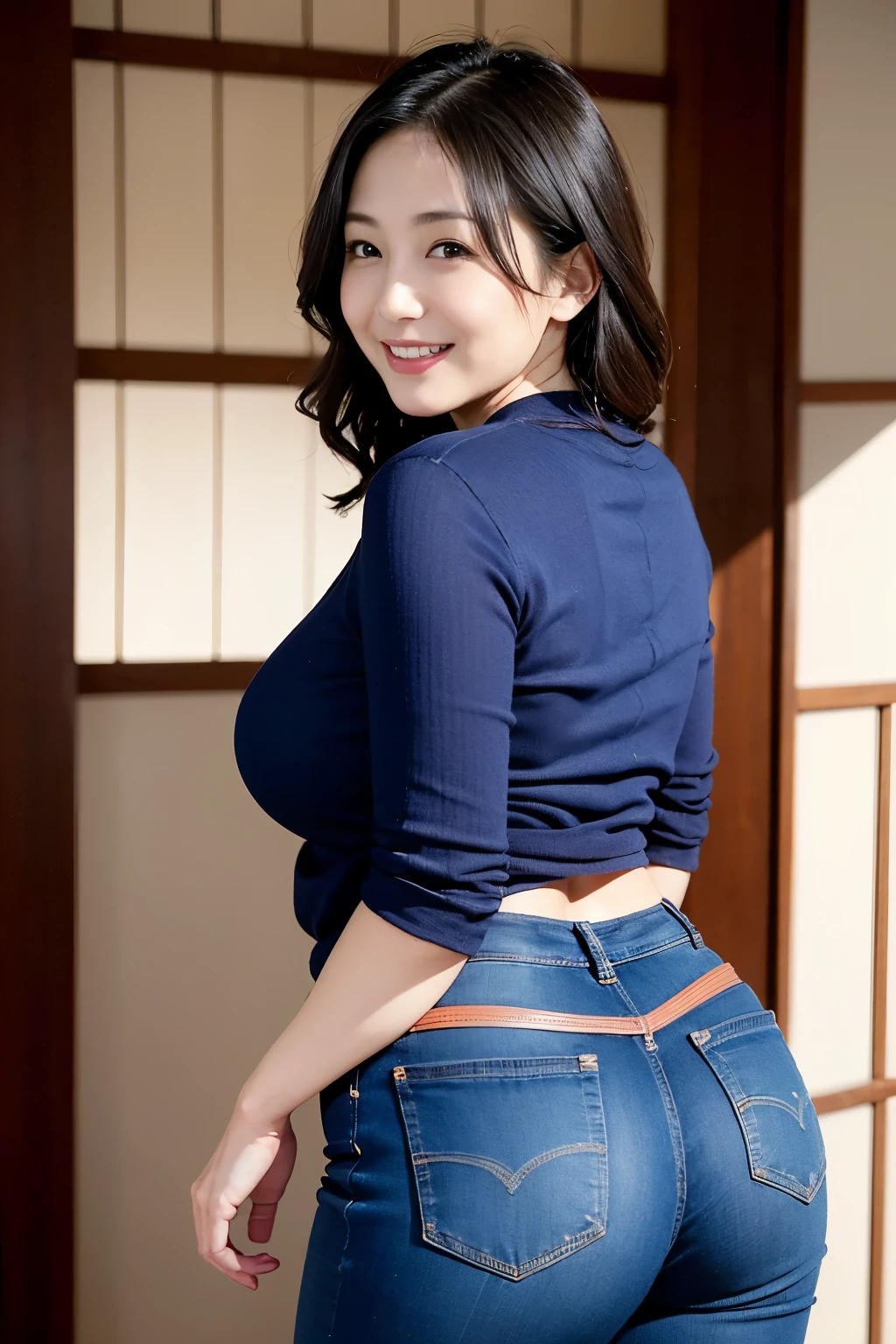 Beautiful Japanese Women、Beautiful Mature Woman、Elegant sex appeal、sexy、Perfect Lighting、Beauty、Transparent beauty、8K High Resolution、Beauty in natural light、High resolution、Photorealistic、Masterpiece、smile、Gravure quality、5 Mrs.、Plump figure、Dark lipstick、Tight denim pants、Big Ass、