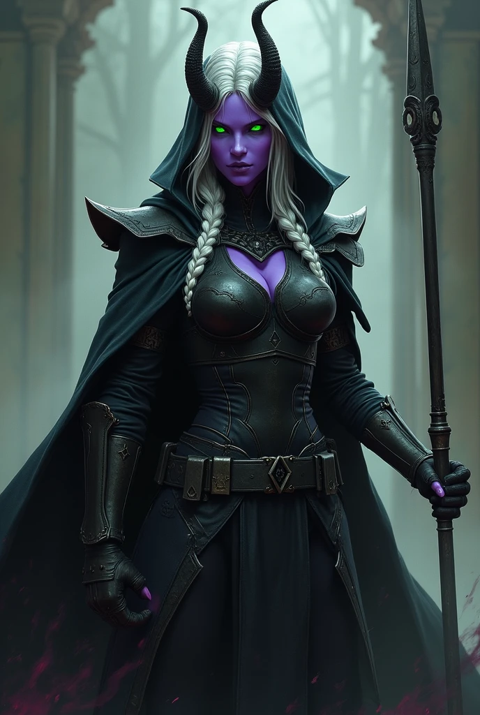 elfa drow, purple skin, Eyes red, white hair, assassin outfit with two daggers, scar on eye, hood on the head, Ear Body Piercing, covered mouth