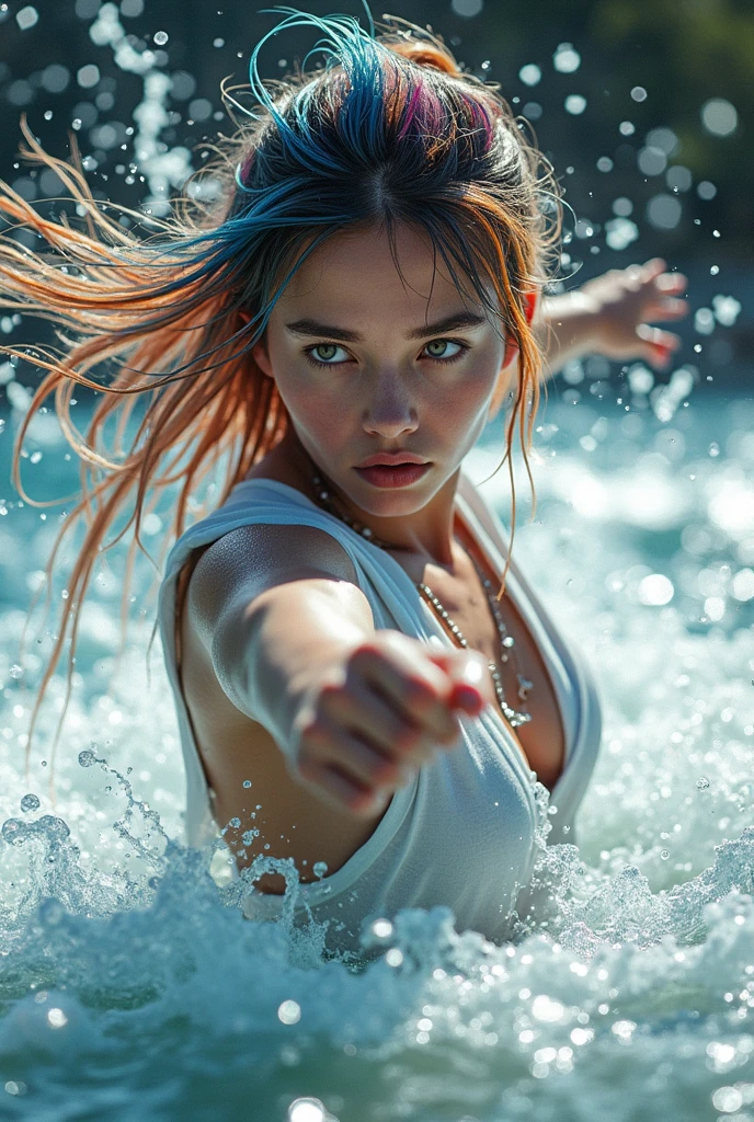 ultra detailed, complex illustration, a water bender surrounded by water spouts, magical scene, dynamic pose, floating hair, ponytail, european woman with blue eyes, art by MSchiffer, water drops, magical glow, fantasy art, surreal, detailed glossy lips, ((martial arts pose:1.1)), ocean, waterbending, waterbender, water slices, glowy, hyperdetailed face, fantastic makeup dark red light