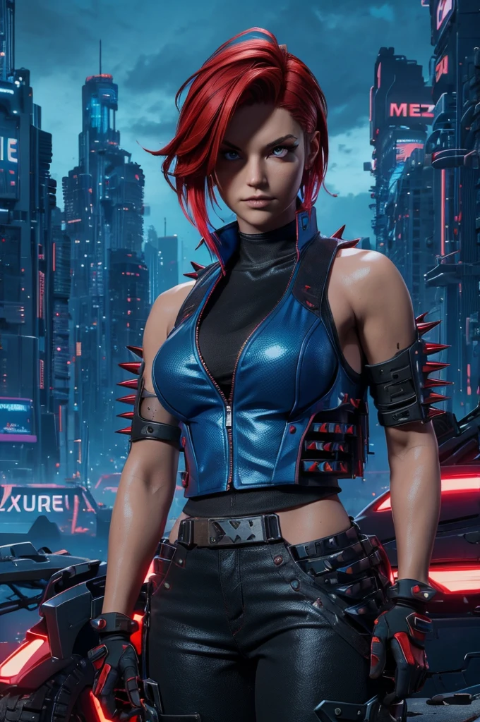 female with red spiky hair and blue top, metal cyberpunk Woman Mechanic, Xtreme, breasts, medium breasts, open blue vest, open clothes, dirt on her clothes and face, black costume, , dramatic lighting, realistic colors, highres, vivid colors, stunning neon city landscape background, 8K image quality, Masterpiece