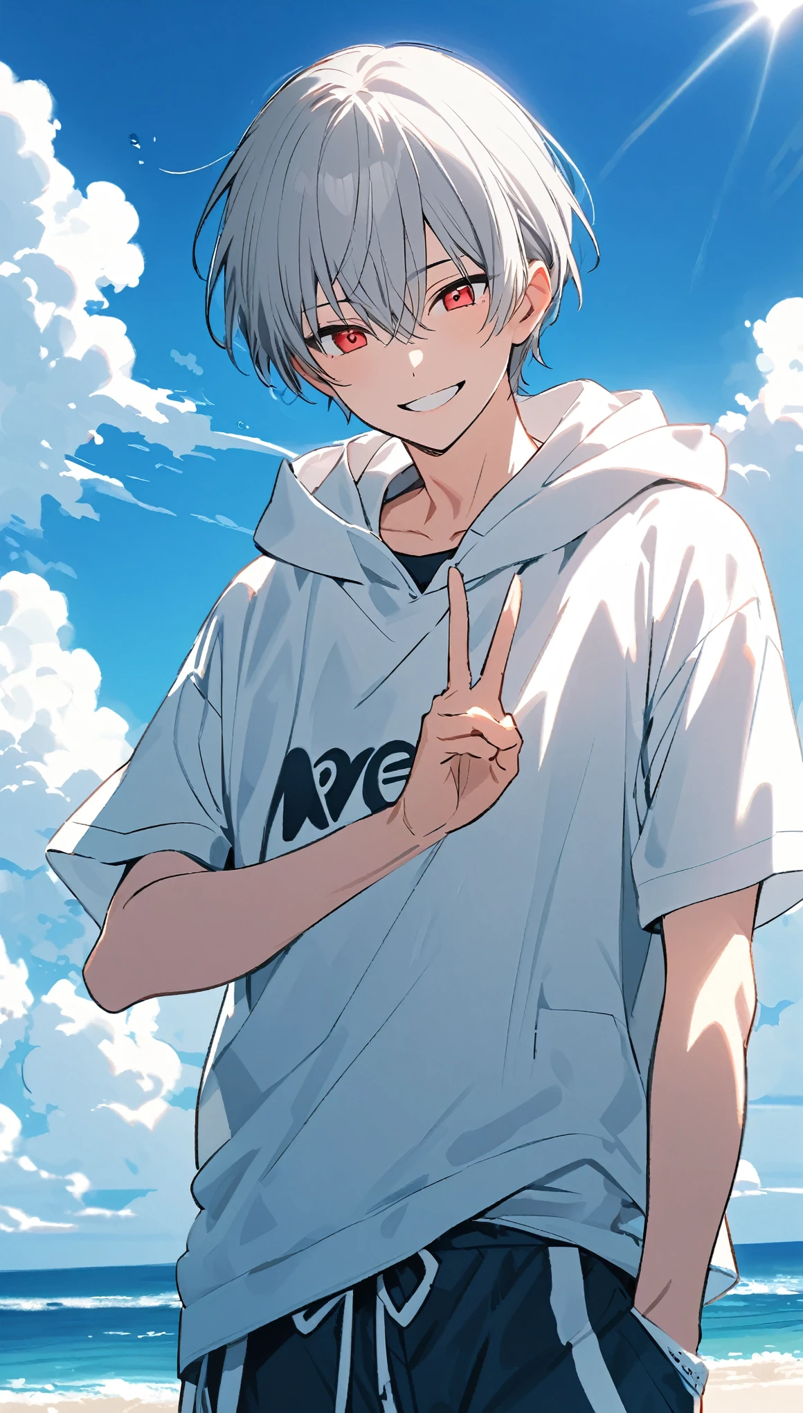 good looking, Alone, 1 male, Gray Hair, Red eyes, shirt, Black and white hooded, noon, White Light,cute目,Short hairstyle,cute,Falling from the sky,綺麗なsummerの空,Lots of white clouds,summer,sea,A sparkling view,bright,Blue Sky,Looking at the camera,Making a peace sign,smile,Laughing,