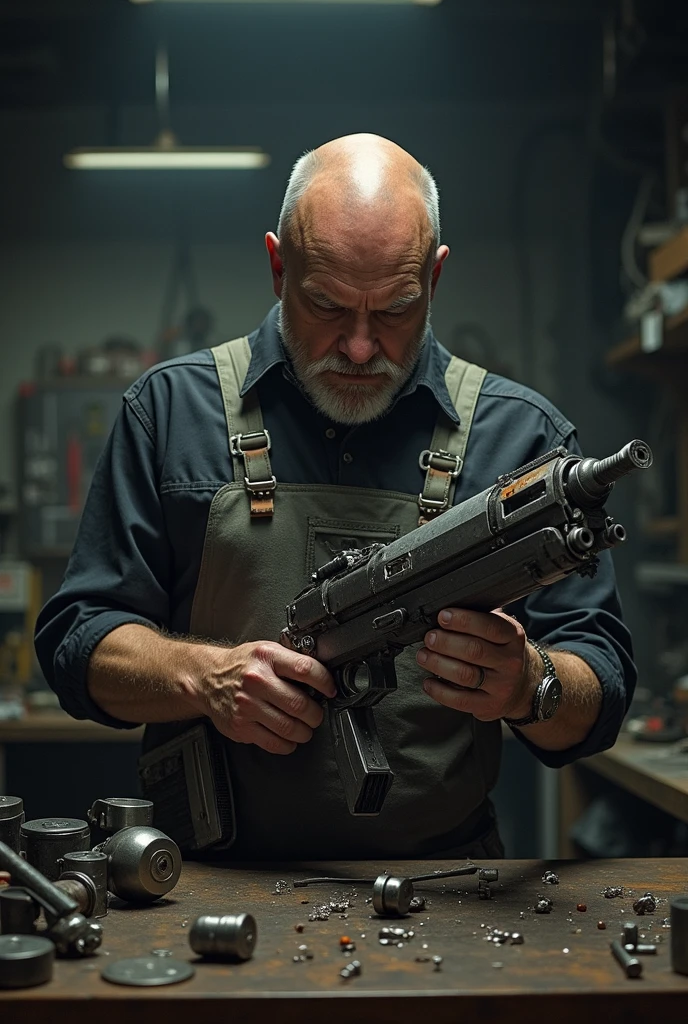 old man in a dark room with smoke in the air and a gloomy atmosphere is polishing a bltgun bolter weapons
<lora:Bolter_-_Warhammer_40000_SDXL:1>