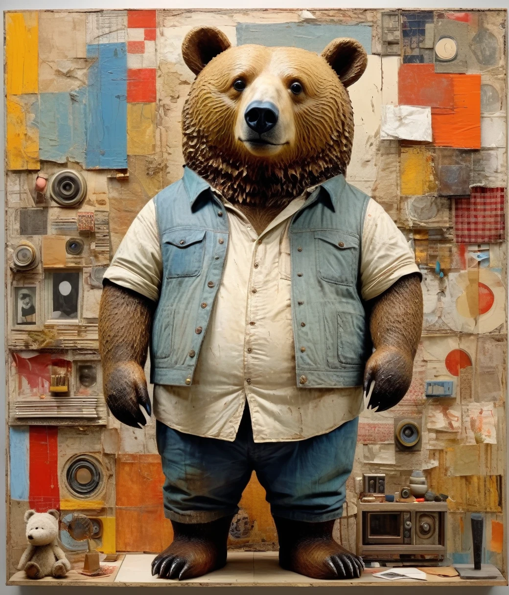 Robert Rauschenberg Style, (cute, chubby, male, bear), hires textures, highly detailed, intricate details, best quality, masterpiece