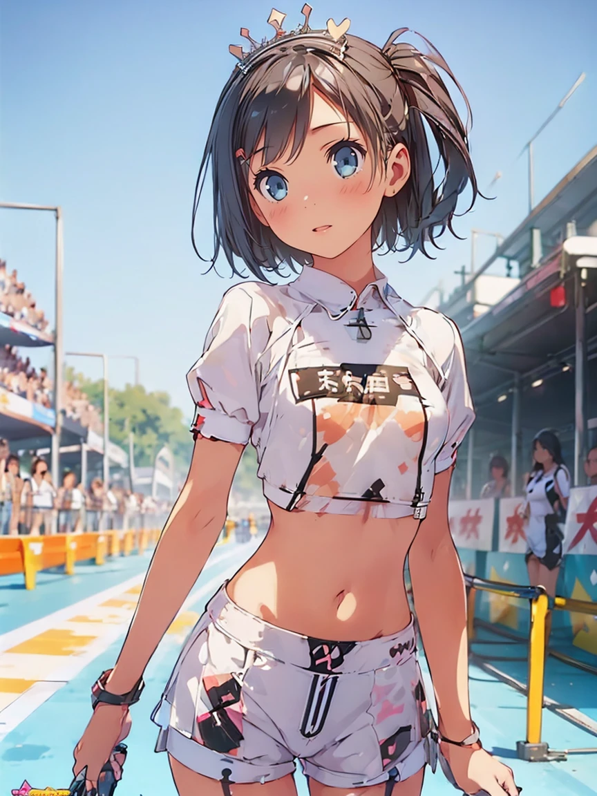 (Race Queen,Grid Girls:1.5),Crop top,White Micro Shorts,standing:1.3、Black Hair:1.5、short hair:1.5,Twin tails:1.5、(((Small breasts:1.3)))、