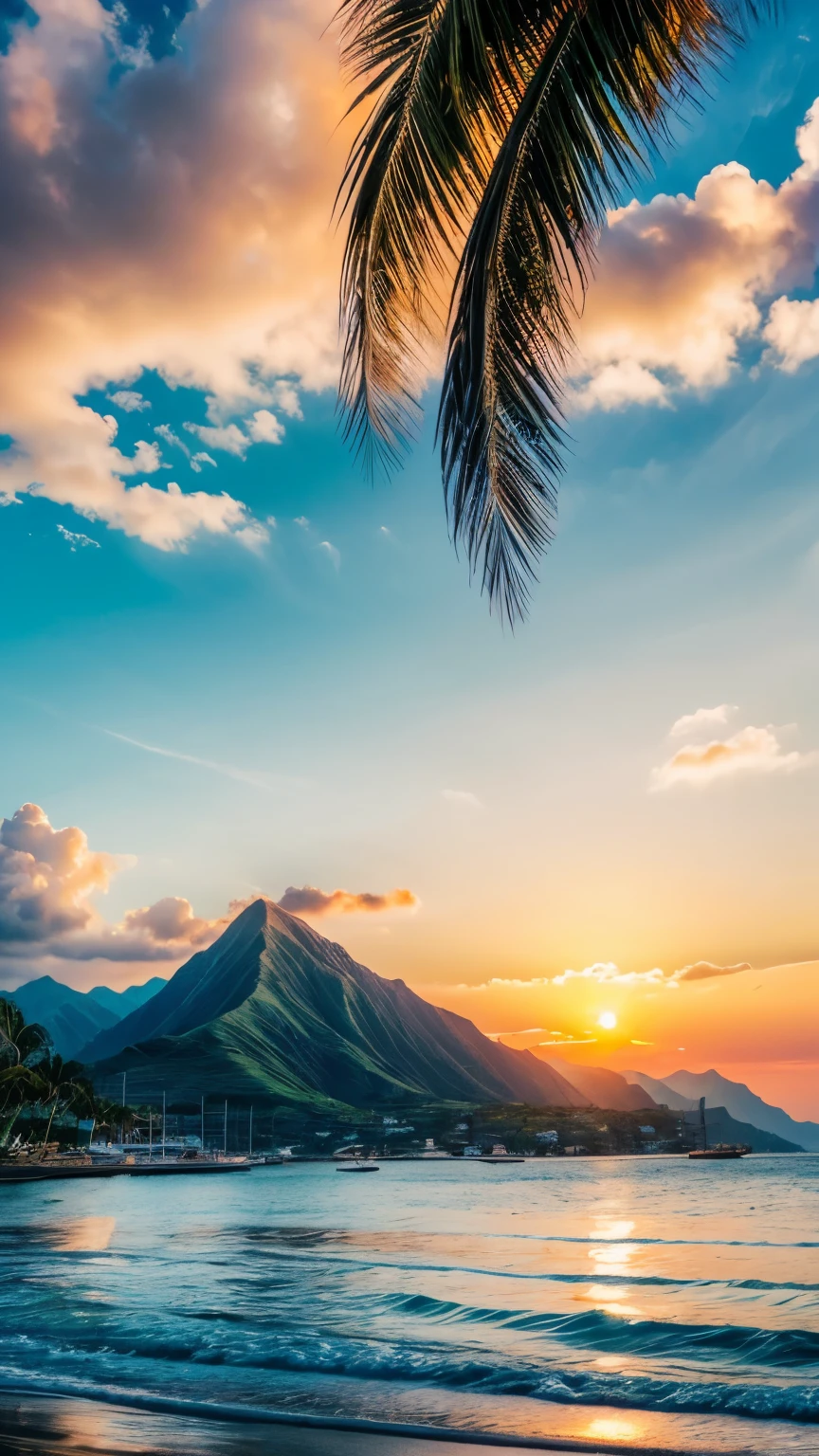 Beautiful beach with golden sunset, white clouds, birds, green palm tree, softly wave, beautiful ship, majestic mountain background, blue sky. Perfect detailed, perfect shape, perfect composition, perfect definition, perfect quality, super quality,