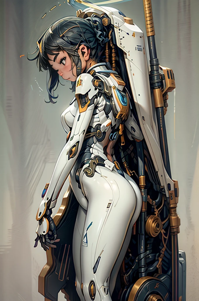 
Teenage girl, liquid body suit, fluid armor (carrying a halo-like machine on her back, elegant and intricate design), sensational, cool pose