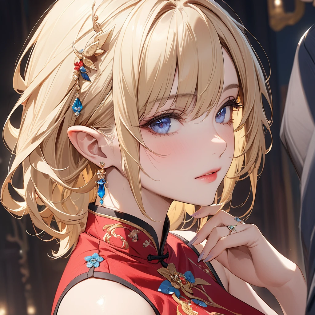 ((Best Quality)), ((masterpiece)), (detailed), （Perfect Face）、The woman is Seras Ashlain, a blonde high elf wearing a Chinese dress, adorned with gorgeous jewelry and an engagement ring.