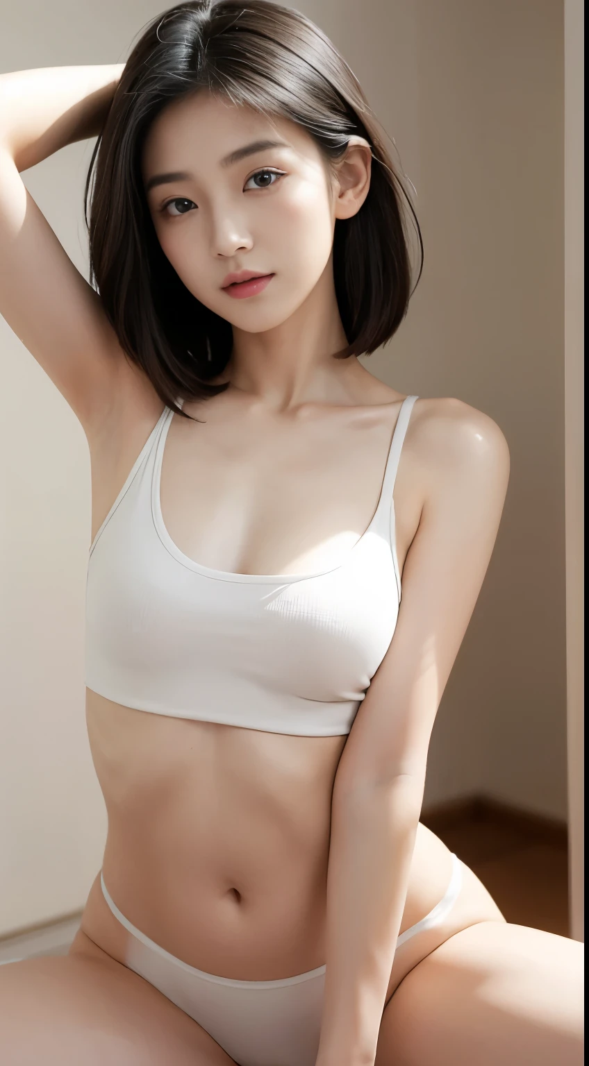 One girl, (Iris), (smile), (Beautiful Makeup :1.2), topless、Beautiful breasts、Erect nipples、Flat Chest、Small breasts、Wide Hips, big , Big Ass, Toned Legs, Shiny body, (Highest quality, 8K, masterpiece: 1.3), Clear focus: 1.2, Perfect Body Beauty: 1.4,A little bit of abs, Highly detailed face and skin texture, Fine grain, double eyelid, (Black Short Hair :1.2), (White shorts :1.3), Are standing, Dynamic pose, Wall、In the living room, Distant Weight