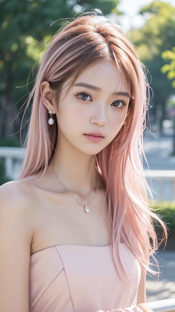 (((masterpiece))), ((photo realistic:1.55)), Japanese girl, fifteen years old, shiny eyes, ((broad jawline)),realistic skin, puffy face, no make up, low ponytail, ((Very light pink hair mixed with brown hair)), ((messy hair)), Frowning, tearful face, shy smile, Black, ((navy tiered dress)), earrings, silver necklace, theme park