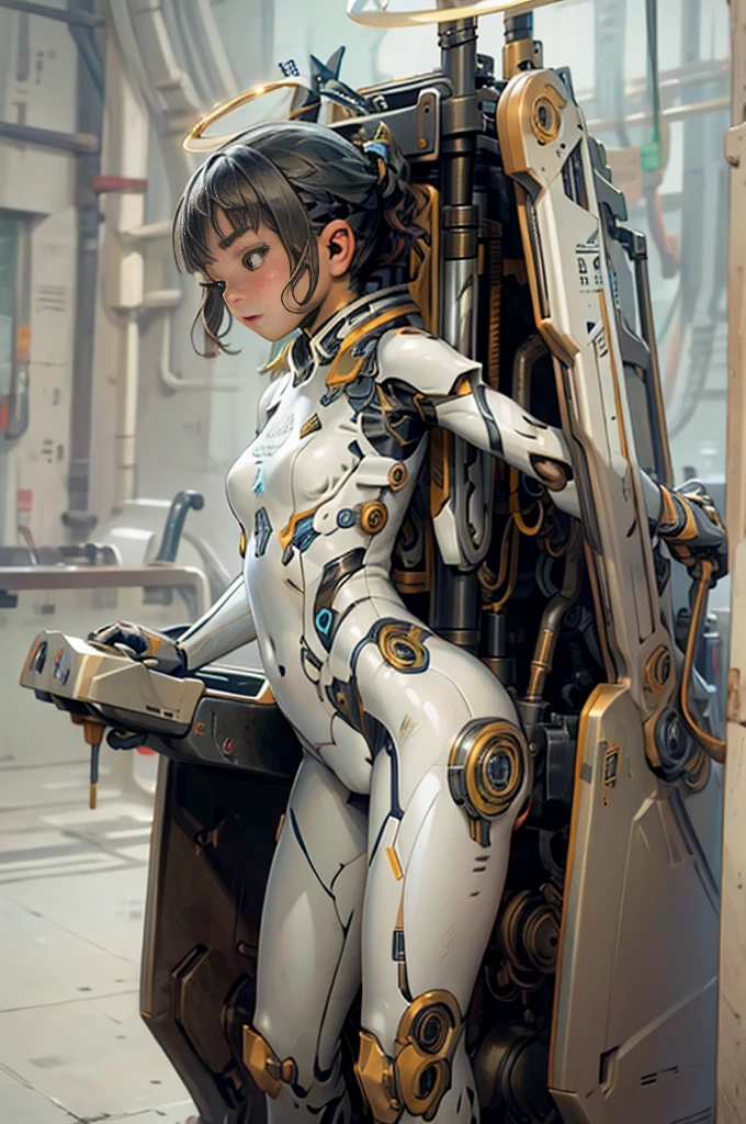 
Teenage girl, liquid body suit, fluid armor (carrying a halo-like machine on her back, elegant and intricate design), sensational, cool pose