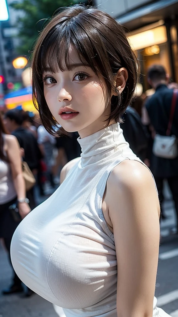 ((Beautiful Face:1.2)),((realistic:1.2)),Best Quality, 1peopleの女の子, (skeindentation), ((Natural Huge breasts:1.4)), (blur back ground:0.6), (street:1.2), (people々, crowd:1), garden, day, Outdoor, (Casual yet stylish, Elegant fabric, high ),((Wear a tight sleeveless high neck dress:1.5)), ((No bra:1.2)),nice, (bangs, Short Hair:1.5), (Floating Hair:1.2), (Dynamic pose:1.2), Soft lighting, wind, (Front light:1.5),  makeeup, 