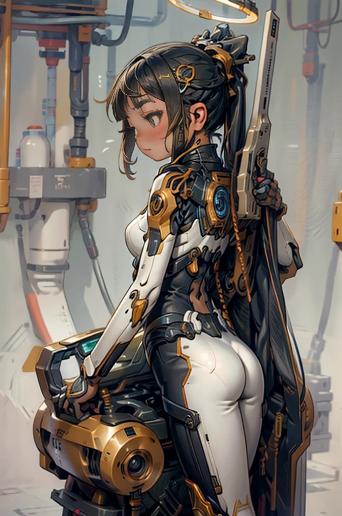 
Teenage girl, liquid body suit, fluid armor (carrying a halo-like machine on her back, elegant and intricate design), sensational, cool pose