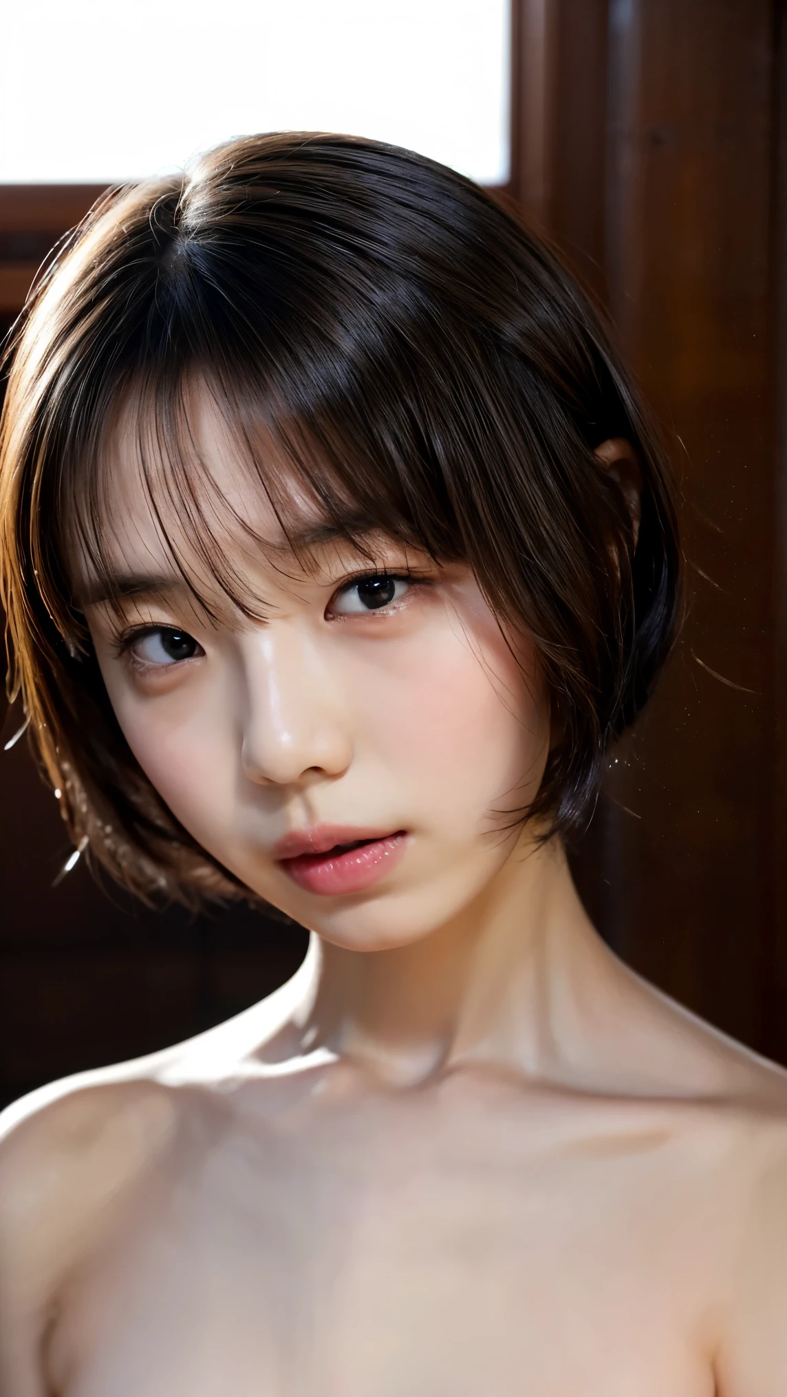 ((Upper Body:1.3)).Blown by the long wind [Blue-black:.3] hair,Looking at the audience,  (8K, Realistic, RAW Photos, Highest quality: 1.4 Japanese, (1 Girl), Beautiful Face, (Realistic face),{Wavy medium hair|Front hair long bob|short hair with long bangs}{Black hair|Brown hair|Blonde hair}, Beautiful hairstyle, Realistic eyes, Beautiful and beautiful eyes, (Realistic skin), Beautiful Skin, charm, Ultra-high resolution, Surreal, Very detailed, Golden Ratio,shame(Blushing:1.3),(Upper Bodyは裸:1.2),Small areola、(I can see your belly button)、(Small eyes)、(Nude),(just),(naked),(White skin),Bobcut、Bathroom、Sit in the bathtub