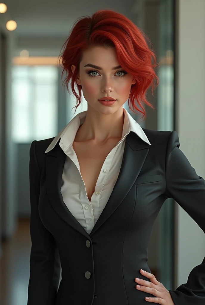 Christina Hendricks, (Christina Hendricks:1.5), masterpiece quality, (masterpiece quality:1.3), detailed, realistic, (realistic:1.3), 1girl, solo, (solo:1.9), alone, in a 1960s office, office desks in background, window of cityscape in background, short hair, wearing choker collar, secretary, naked body, (naked body:1.5), thin body, small breasts, (small breasts:1.5),
