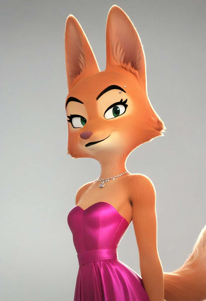 score_9, score_8_up, score_7_up, score_6_up, score_5_up, score_4_up, Diane_Foxington, ginger fur, emerald eyes, black lipstick, black eyebrows, silver piercings on eyebrow, fox tail, pink dress, small breasts, smirk, looking at viewer, perfect, masterpiece, high quality, 