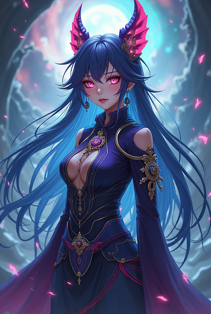 anime woman, deep luminous indigo eyes, wears a regal, flowing sari in rich hues of gold and deep crimson, patterns inspired by lotus blossoms and celestial symbols. Jeweled accessories accentuate her divine presence, and a delicate bindi on her forehead signifies spiritual wisdom. hair is sapphire blue at the roots to a vibrant crimson red towards the tips. hair cascades down in elegant waves, Intricate braids, she is smiling like a yandere, really beautiful, perfect face, alluring