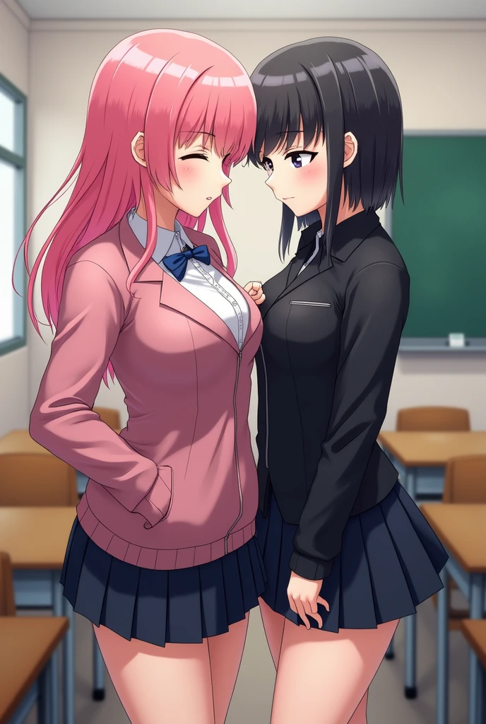 score_9, masterpiece, score_8_up, score_7_up, best quality, 2girls,elma \(maidragon\), kobayashi-san chi no maidragon,Lesbian couple ,huge breasts,embarrassed,blush,happy,white collared shirt, pleated skirt,Checked Skirt,sex,doggy_style,cum on body,excessive cum,drool,sweat,pussy juice,love juice,classroom,from below,from side