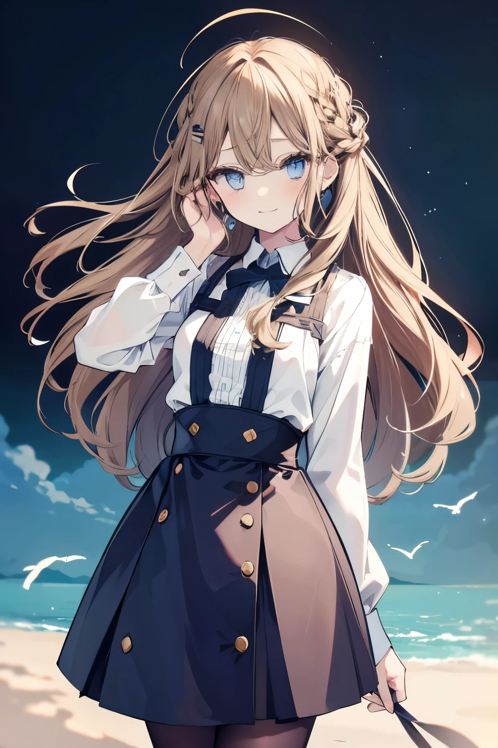 High resolution, Best Quality, masterpiece, Ultra-precision,Character Portrait,One girl, solo,adult,Look at, Beautiful Face,((Light brown hair)),Ahoge,Straight bangs, Hair blowing in the wind, Hair behind ears,Braids,Long Hair ((Dark blue eyes)),Fine slanted eyes,Long eyelashes,smile,Knee-length dress,Scandinavian style clothing,tights,Slender figure,Simple Background,Concept Art,