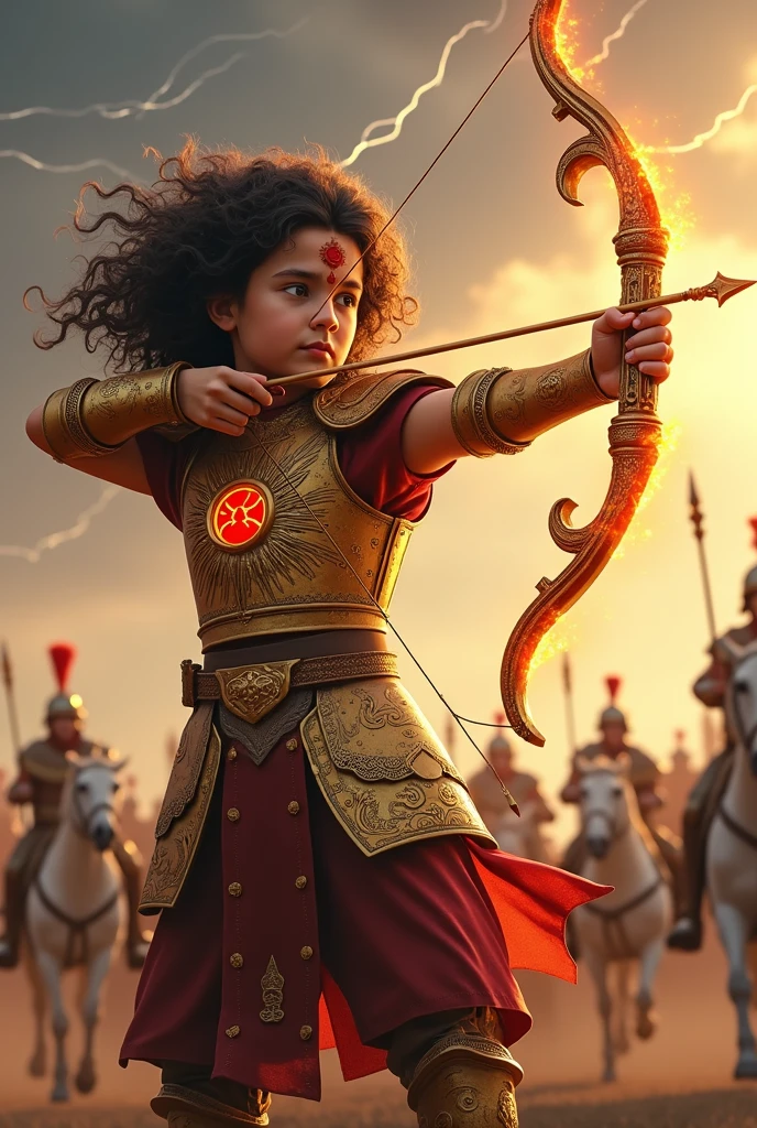Photo realistic a young child with dressed in ornate, golden armor Kavach Kundal, The child is holding a detailed, intricately designed bow, an arrow. The background depicts a dramatic, cloudy sky with lightning, and a battlefield scene with soldiers on horseback. The child has curly, dark hair blowing in the wind, and a red mark on their forehead. The image has a cinematic quality with vibrant colors and dynamic lighting,8k, hyper realistic