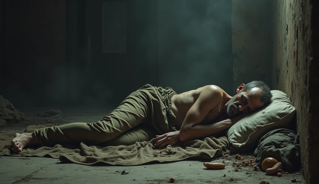 Half-naked Mexican man with malnourished physical appearance, grown beard and mustache, dirty looking and very weak., lying on the ground, Crawling to escape from a bottle of alcohol and drugs while chained and struggling to reach his family