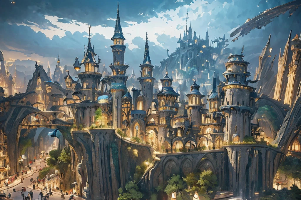 There is a castle painting with many windows,High fantasy castle on the plain,elven palace of ghemathar,Epic castle with soaring spires,Architecture full of fantasy,Futuristic style castle,fantasy capital city,fantasy concept art,Magic the Gathering Concept Art,High fantasy matte painting,high fantasy concept art,