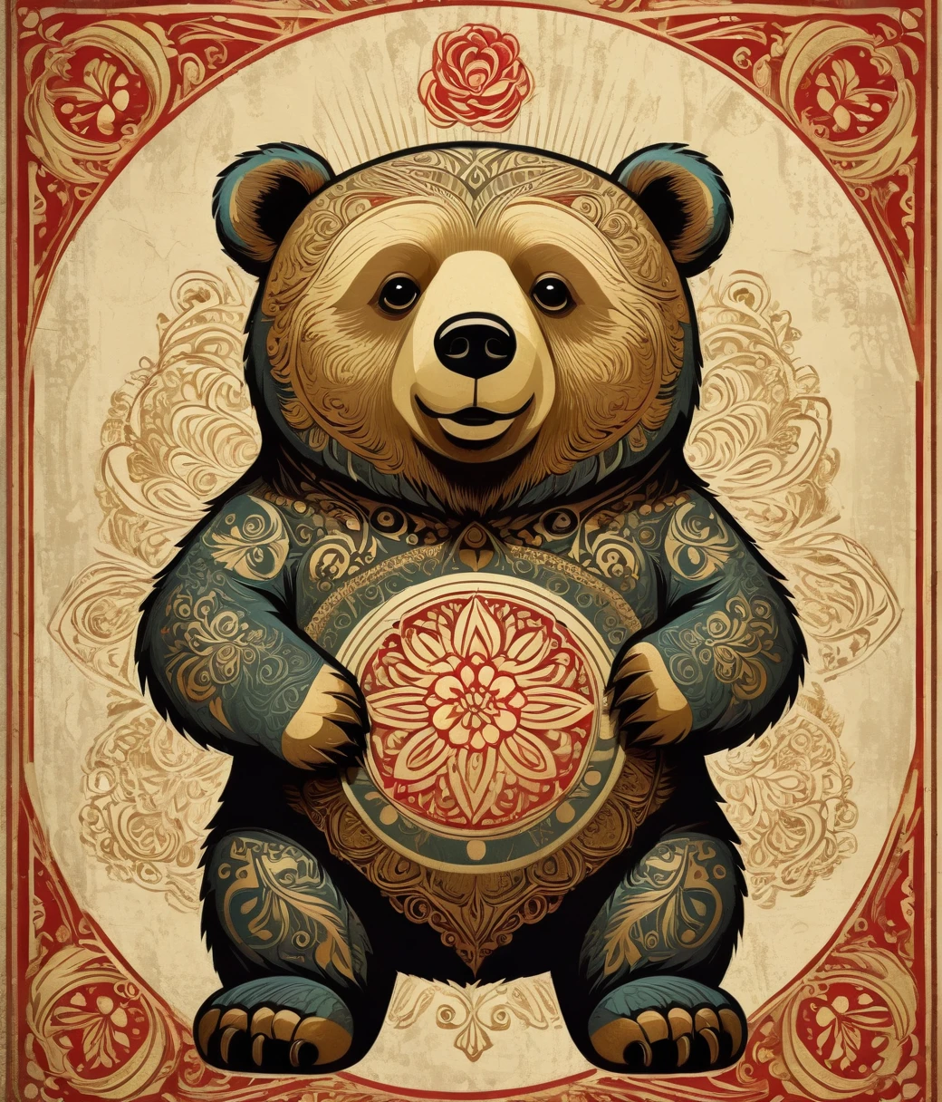 Shepard Fairey Style, (cute, chubby, male, bear), hires textures, highly detailed, intricate details, best quality, masterpiece