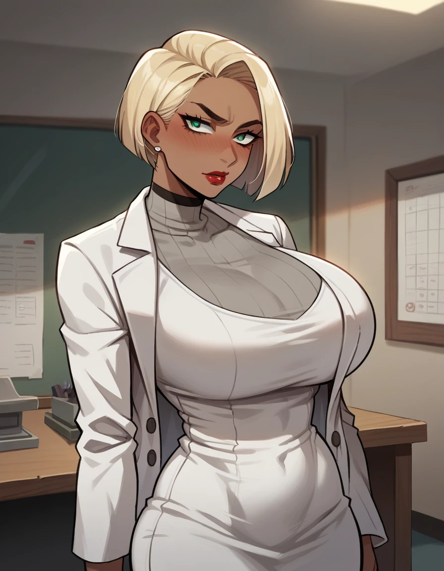 （tmasterpiece，A high resolution，best qualtiy：1.2），8K，highly  detailed，复杂，rich colourful，vibrant image，Clear focus，cinematic ligh） blond hairbl，long whitr hair，Green eyes，body builder （Wear black business attire，black_Collared shirt cropped jacket，tiese，tiese，Black frilled skirt，a garter belt，Leather belt） （Large, Perfect round breasts，Hourglass body，Big breasts Thin waist，Very thin waist， photograph realistic，（hyper realisitc：1）big breasts beautiful， tmasterpiece，Best quality at best，extremelydetailedface，s the perfect face，beauitful face，Perfect lighting，Detailed eye makeup，Details of the face，Nice detail eyes，pretty hand，perfect hand，glowing light eyes（realistic pupil，Realistic iris：1）Heavy eye makeup，（empty Casino）（Posing dynamically）High ponytail