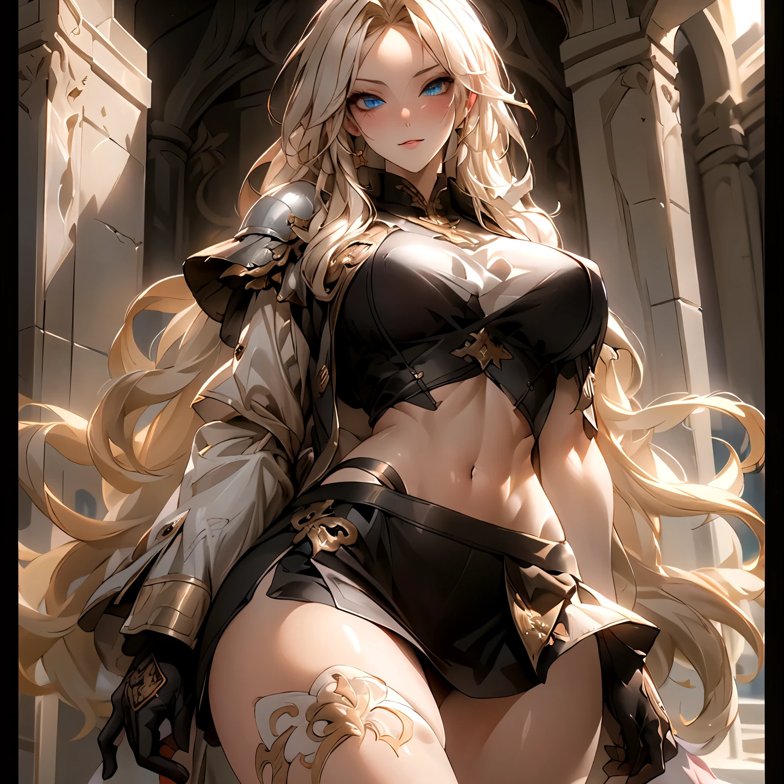 ((best quality)), ((Masterpiece)), (details:1.4), ((Enrich the picture，Masterpiece level quality)), Beautiful 8K CG artwork, 3d, HDR (high dynamic range), an image of a beautiful cyberpunk female, mature woman, medieval theme, cyberpunk, (( blonde hair, long hair)), Beautiful golden eyes, super eyes details, จมูกโด่ง, ปากแดง, หน้าอกใหญ่, nvidia RTX, PBR surface, After processing, Anisotropic filtration,depth of field, Maximum clarity and clarity, multi-layered surface, Subsurface scattering, perfect proportions, ultra detailed, Perfect proportions, volumetric lighting, soft lighting, holy queen, Heavy black Armor, glossy skin, intricate golden embroidery, castle hall background, ต่างหู, sexy long-sleeved white jacket, watch, gloves, slender fingers, sexy white mini skirt, จ้อง