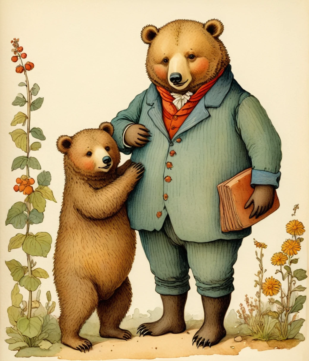 Kate Greenaway Style page, (cute, chubby, male, bear), hires textures, highly detailed, intricate details, best quality, masterpiece