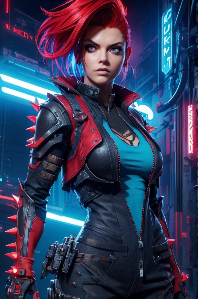 female with red spiky hair and blue top, metal cyberpunk Woman Mechanic, Xtreme, breasts, medium breasts, open blue vest, open clothes, dirt on her clothes and face, black costume, , dramatic lighting, realistic colors, highres, vivid colors, stunning neon city landscape background, 8K image quality, Masterpiece