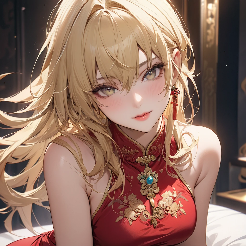 Full HD, Super detailed, high quality, master likes it, Bokeh, woman, 30 years, stockings, red midi dress, compensate, seductive smile, Lens flare,long hair,blonde,lying